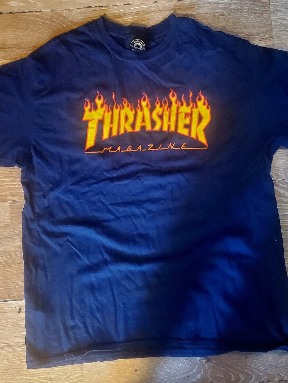 Mens Navy Blue Thrasher Magazine Tee with Flame Logo